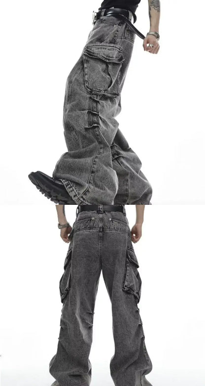 STREET Retro washed hip hop high street straight leg jeans for men and women