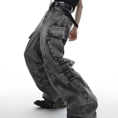 STREET Retro washed hip hop high street straight leg jeans for men and women